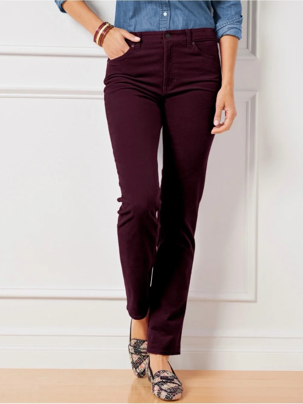 Talbots Corduroy Straight Leg Pants High Waisted Burgundy Red Women's Size 12P - Picture 2 of 14